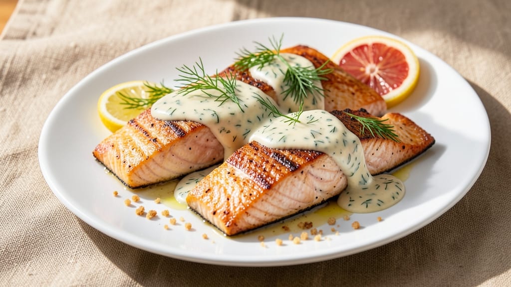 Baked Salmon With Creamy Dill Sauce Recipe: Flaky Fillets Paired With Herby Richness