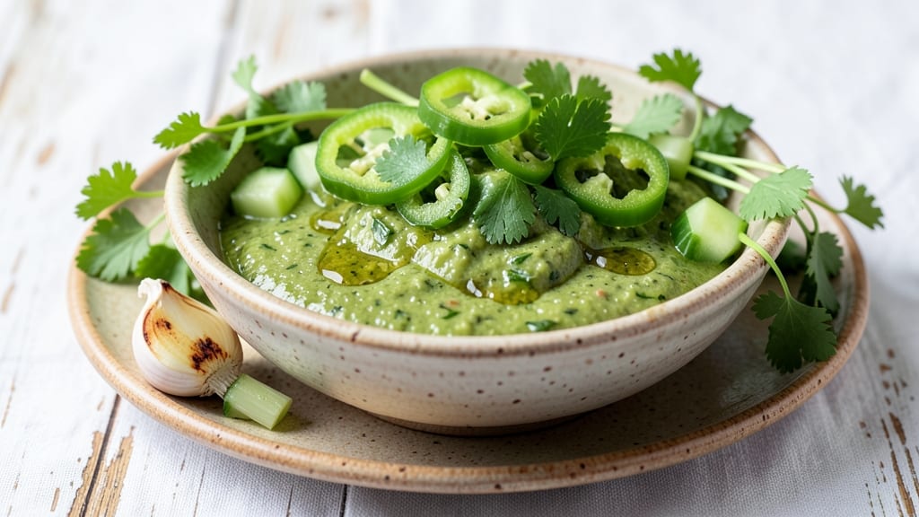 Sophie's Cuban Green Sauce Recipe: Celery Crown Crunch Over Cooling Cucumber Base