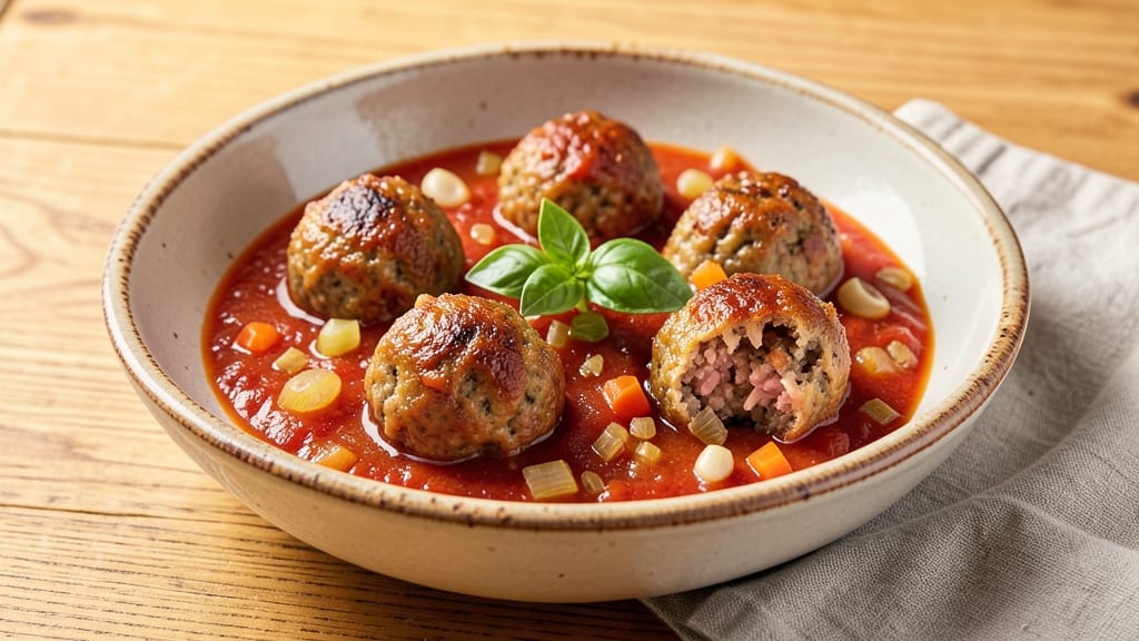 Authentic Italian Meatballs in Tomato Sauce Recipe: Simmered Umami Bomb With Celery Crown Crunch